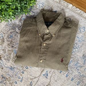 EUC MENS SIZE M RALPH LAUREN TAN AND ARMY GREEN GINGHAM BUTTON-DOWN SHIRT